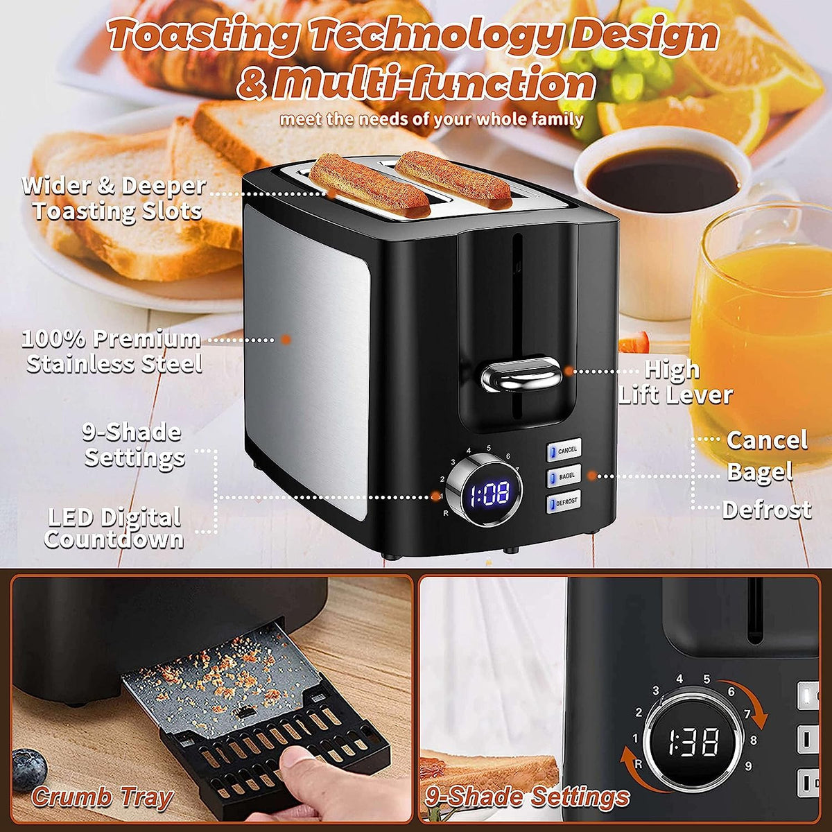 Hommater Toaster 9 browning levels for customized crispness