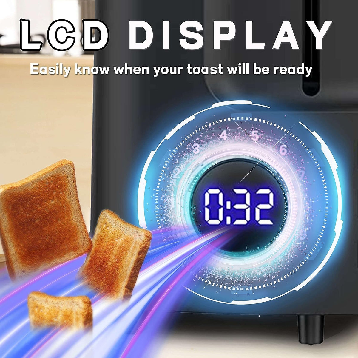 Hommater Toaster 2 Slice control panel with LCD countdown display