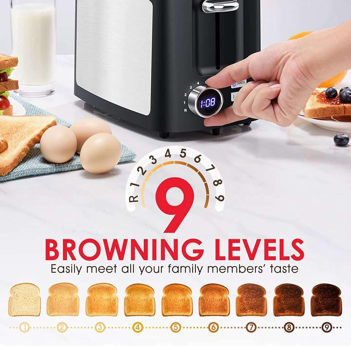 Hommater Toaster defrost function in action for frozen bread
