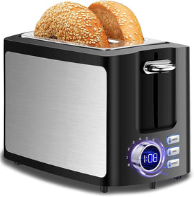 Hommater Toaster 2 Slice front view showing wide slots for bagels