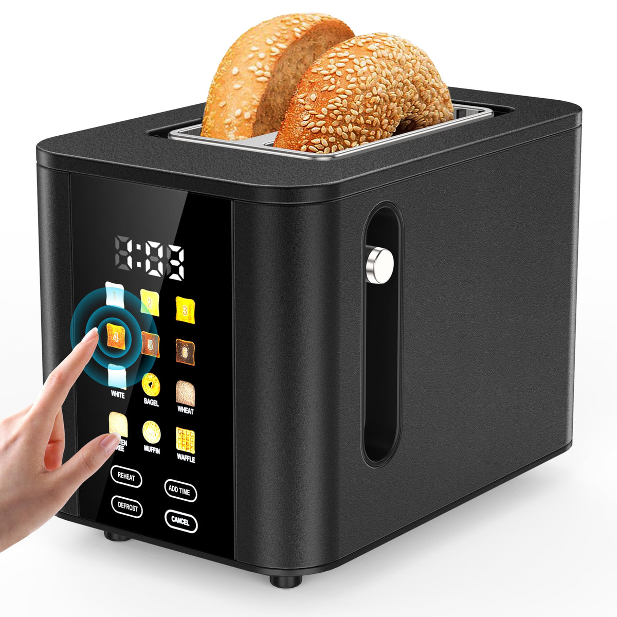 Hommater touch-screen toaster 2-slice black with LCD display for precise browning.