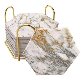 Hommtina marble ceramic coasters with gold holder protect surfaces from moisture