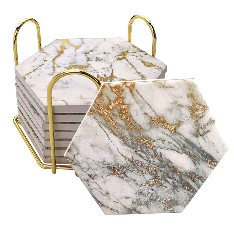 Hommtina marble ceramic coasters with gold holder protect surfaces from moisture