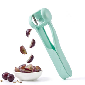 Homnoble grape cutter for toddlers in action slicing grapes into bite-sized pieces for kid-friendly snacks