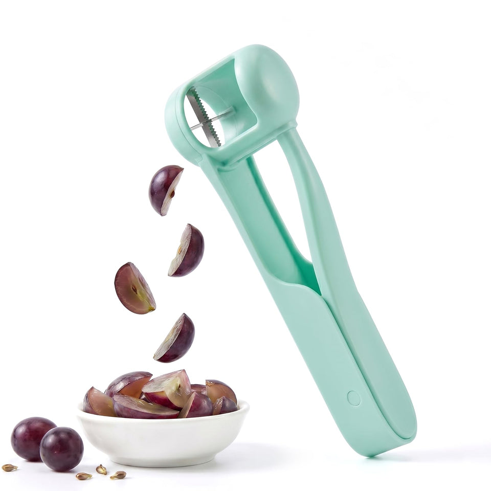 Homnoble grape cutter for toddlers in action slicing grapes into bite-sized pieces for kid-friendly snacks