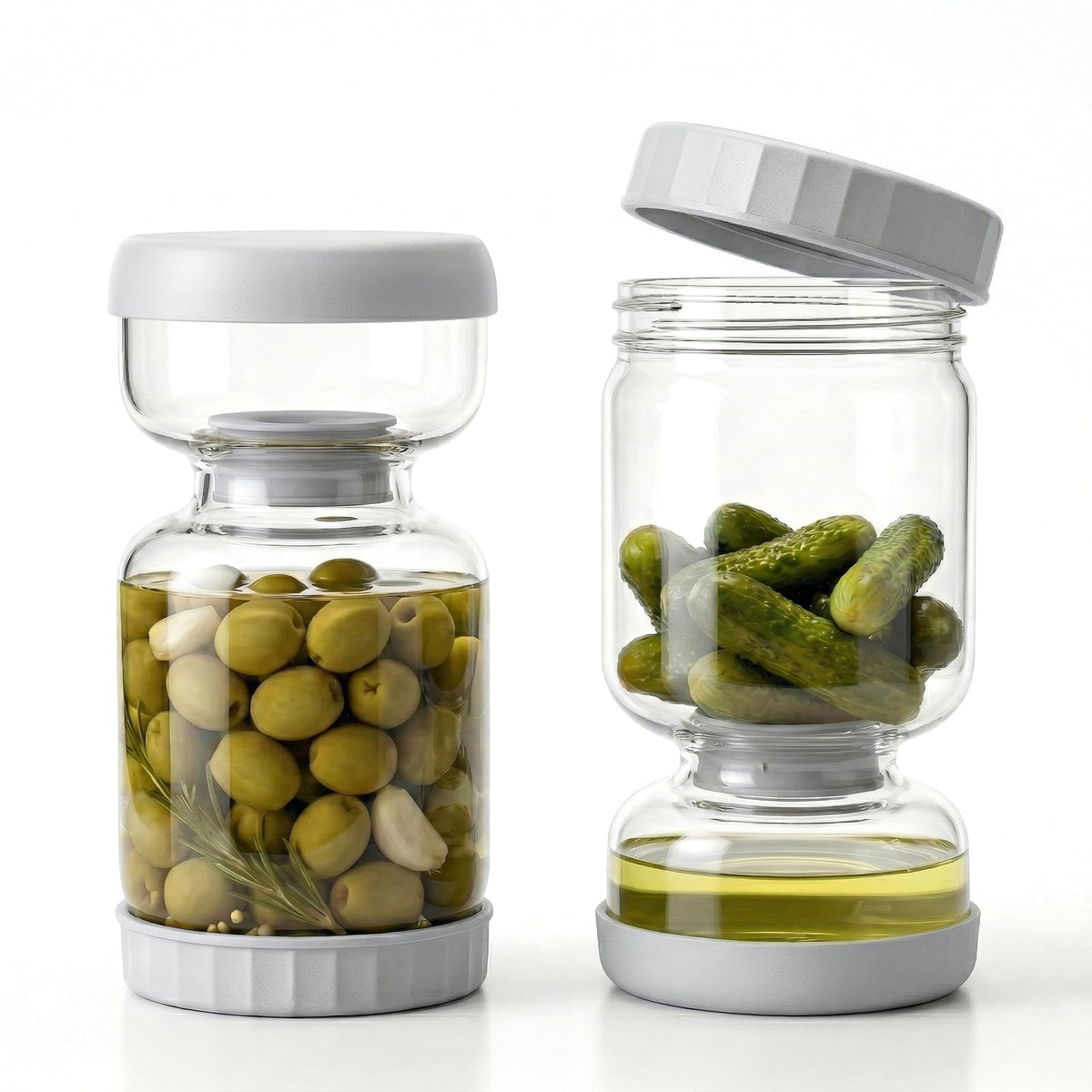 Homnoble pickle jar hourglass separator in action shows brine separation.