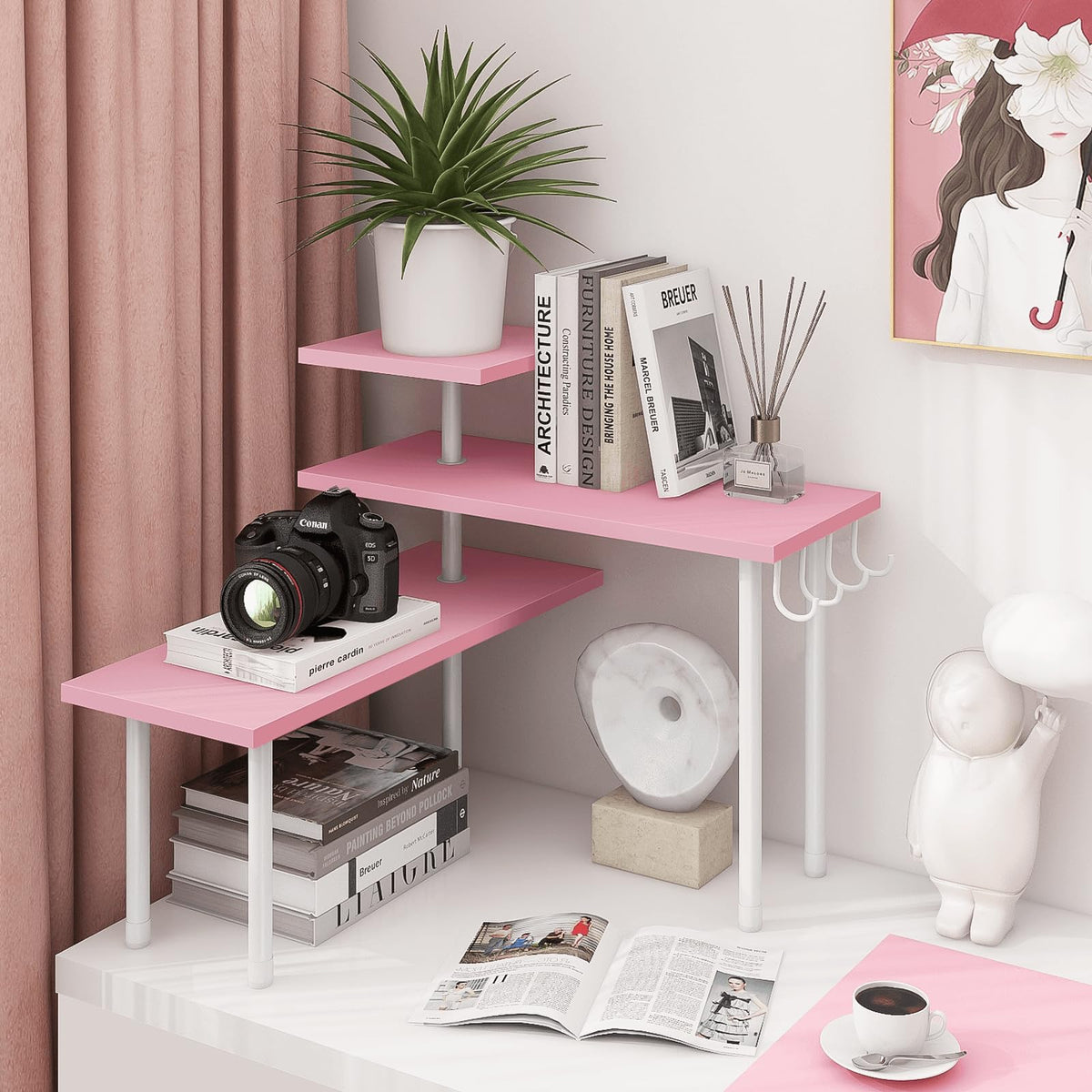 Homode pink 3-tier organizer assembly step visual with simple instructions.