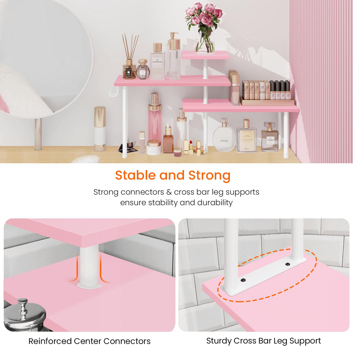 Homode pink 3-tier organizer close-up of sturdy steel rod and wood shelves.