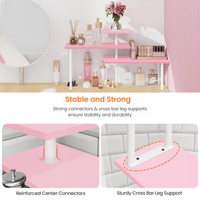 Homode pink 3-tier organizer close-up of sturdy steel rod and wood shelves.