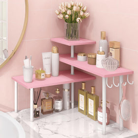 Homode pink 3-tier corner organizer front view shows space-saving countertop storage.