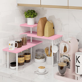Homode pink 3-tier corner organizer over-sink use demonstrates easy access to toiletries.