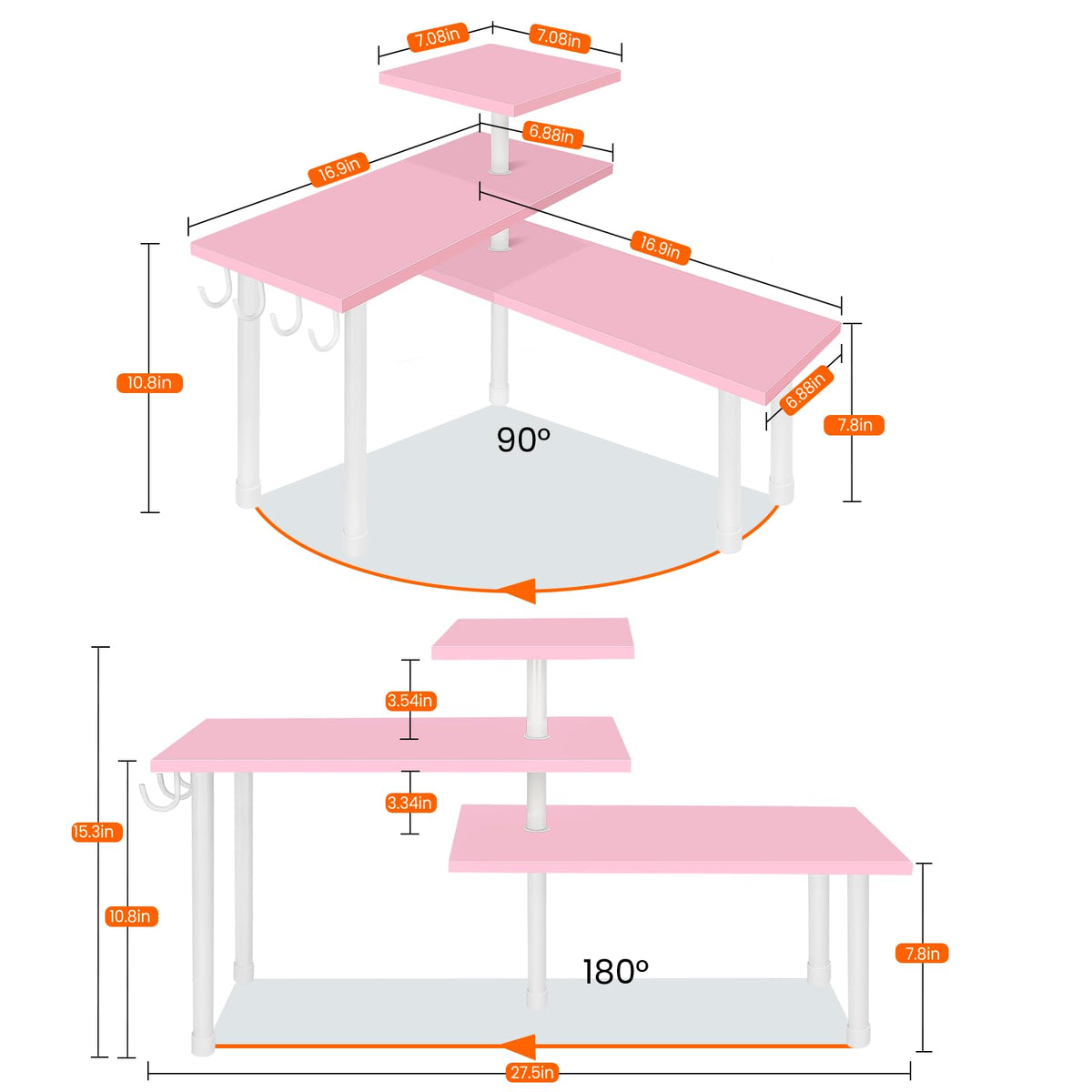 Homode pink 3-tier corner shelf turned to corner mode for space optimization.