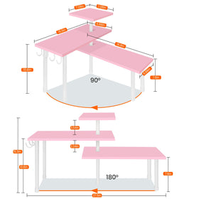 Homode pink 3-tier corner shelf turned to corner mode for space optimization.