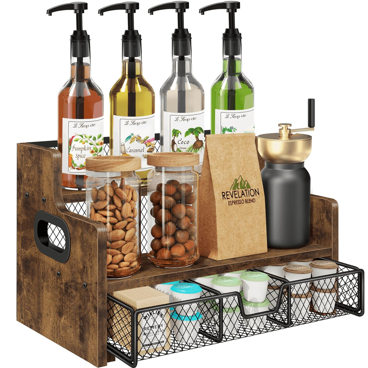Homode coffee syrup rack wood stand displaying eight syrups on a tidy kitchen counter