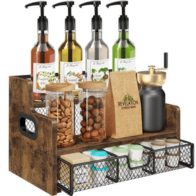 Homode coffee syrup rack wood stand displaying eight syrups on a tidy kitchen counter