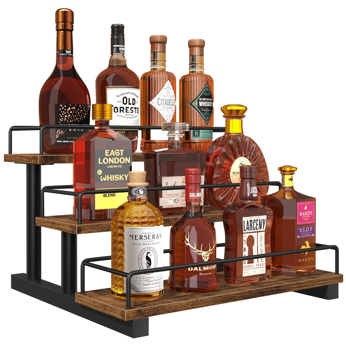 Homode liquor bottle display shelf top view for easy bottle access and stylish organization.