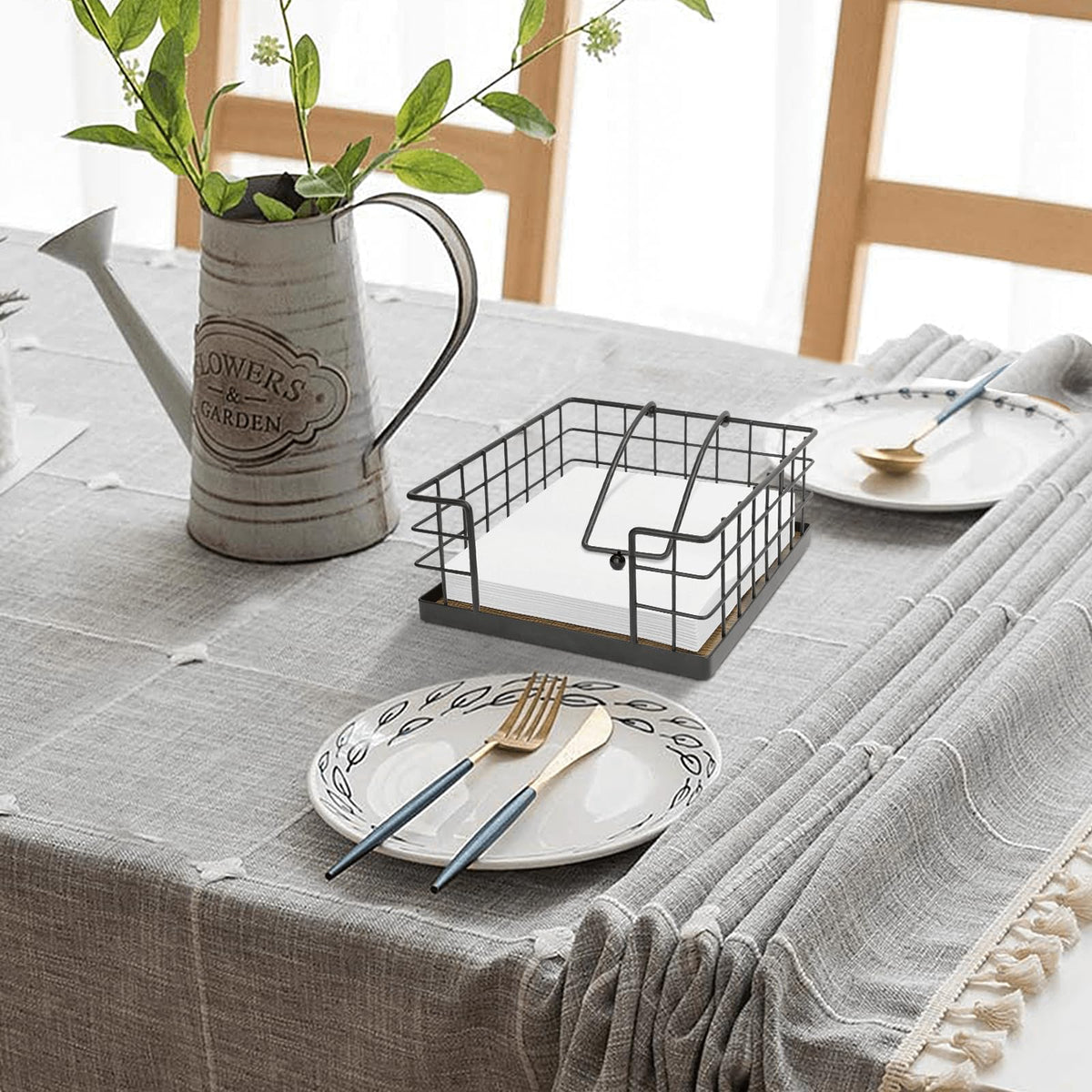 Homode napkin holder features wood base adding rustic charm