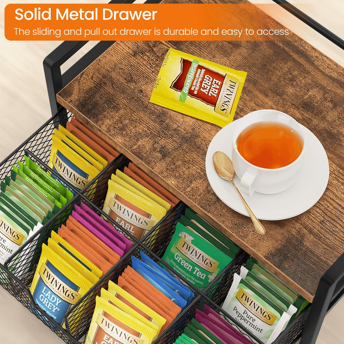 Eight-compartment Homode organizer keeps tea bags neatly categorized.