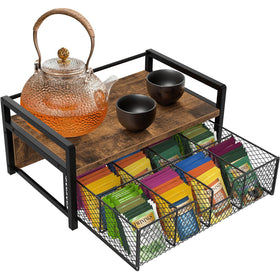 Homode tea bag organizer with rustic drawer neatly separates varieties.