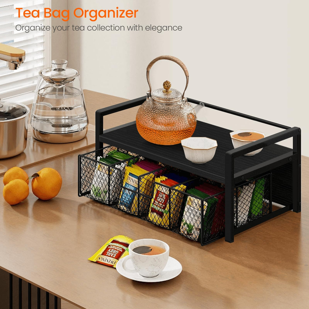 Homode tea drawer organizer with top tray design offers display space for cups and essentials