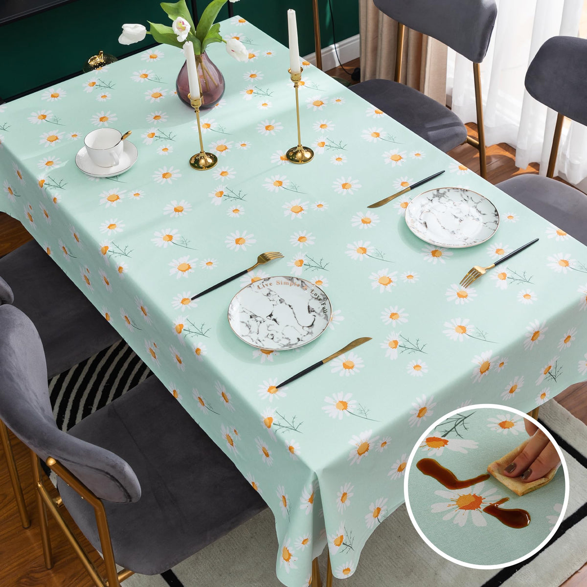 HOMOHEINI table cloth with non-slip backing prevents slips during meals.