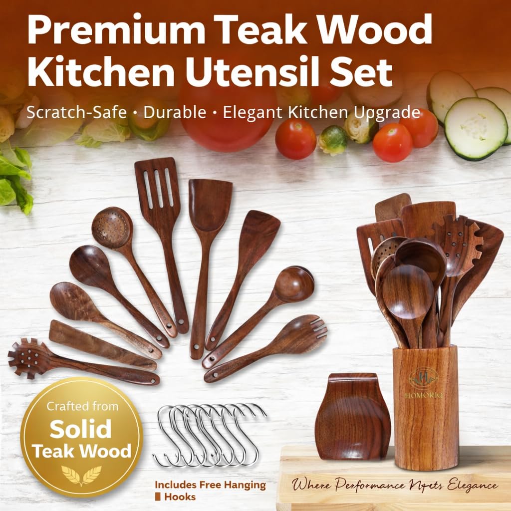 HOMORIQ teak utensil holder with drainage hole keeps tools dry and organized