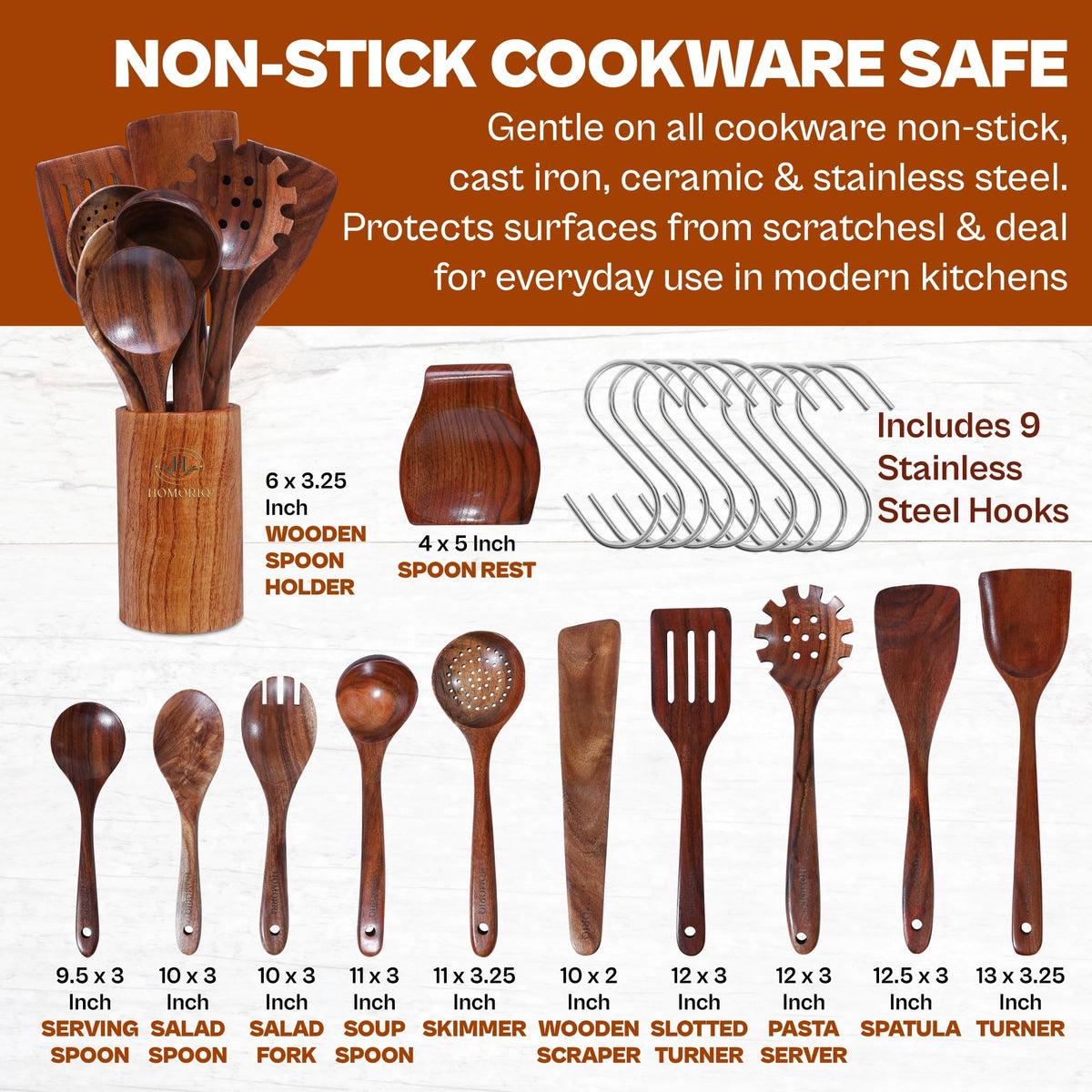 HOMORIQ teak spoon rest on countertop helps keep surfaces clean