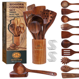 HOMORIQ teak utensils set with holder, showcasing durable, heat-resistant kitchen tools