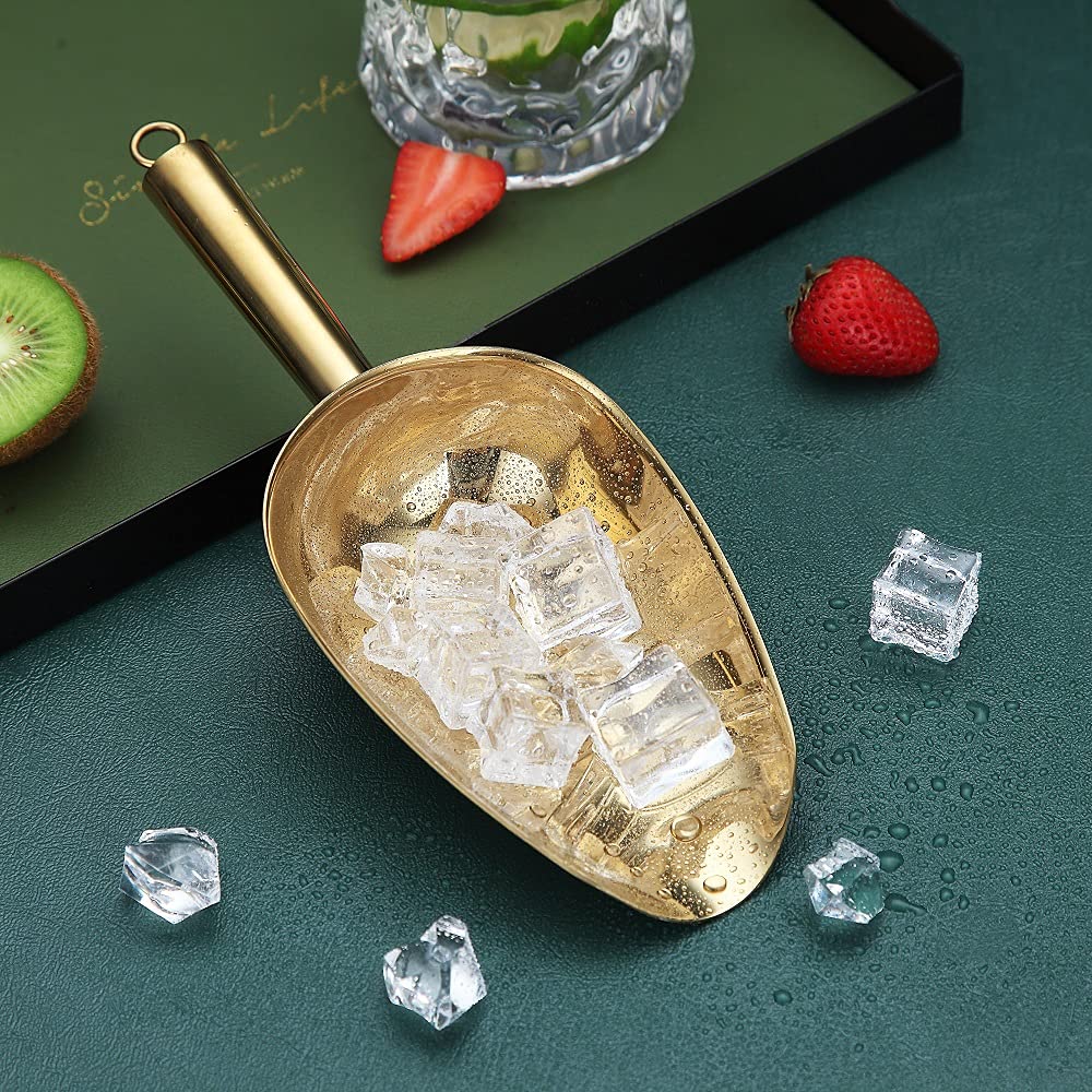 HOMQUEN Gold Ice Scoop holding ice cream for easy scooping