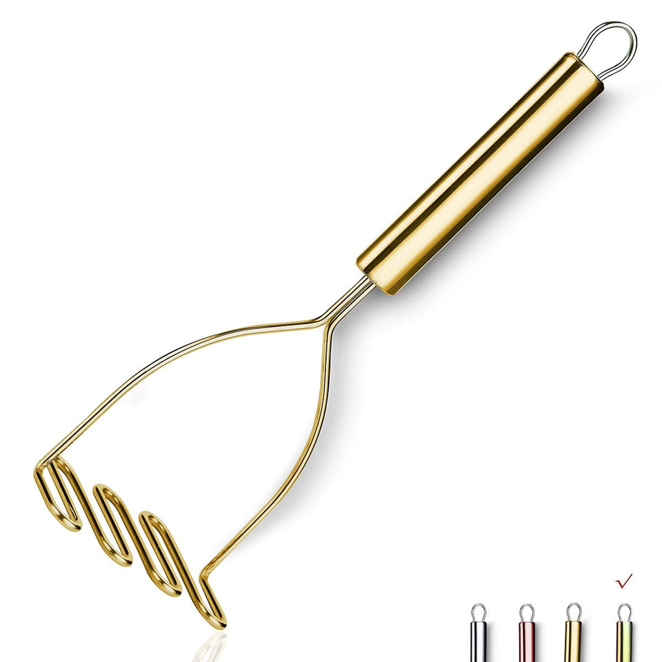 HOMQUEN Gold Potato Masher full view shows durable stainless steel build for everyday use.