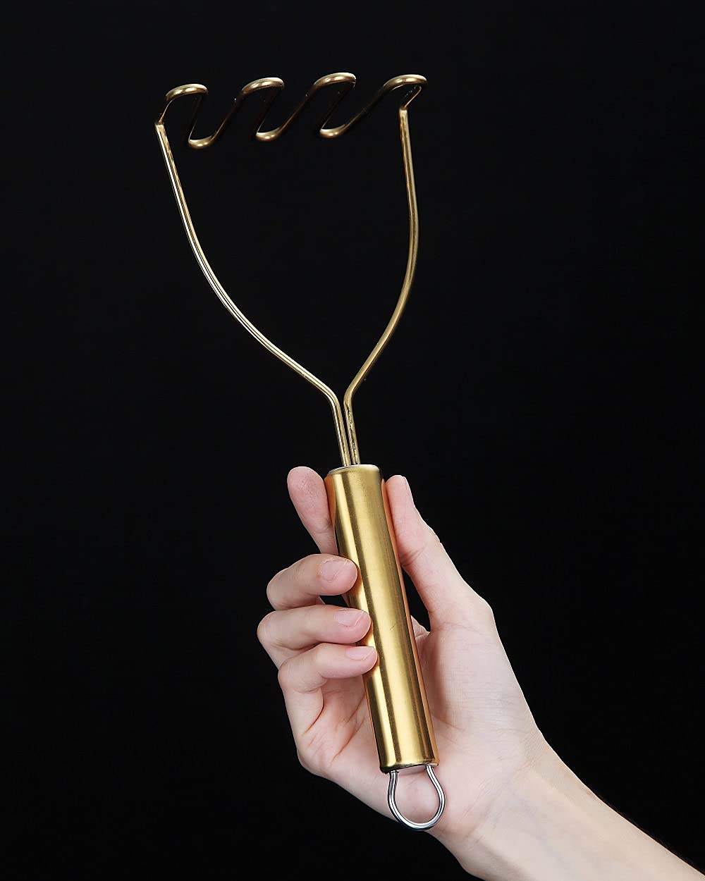 HOMQUEN Gold Potato Masher ergonomic handles support comfortable grip.