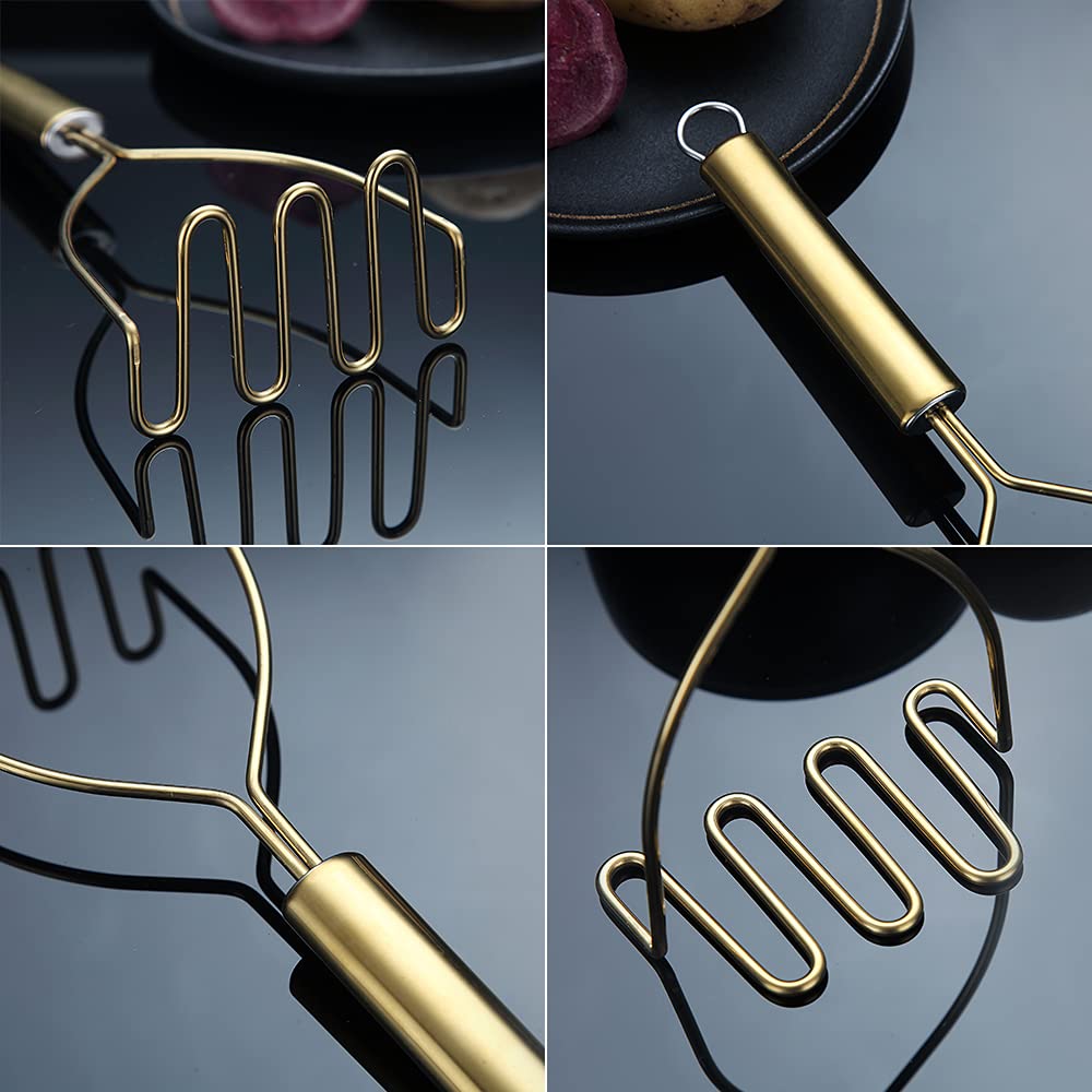 HOMQUEN Gold Potato Masher in action mashing potatoes for creamy texture.