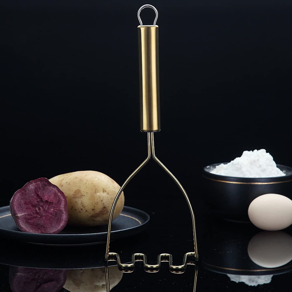 HOMQUEN Gold Potato Masher close-up highlights titanium plating and rust resistance.