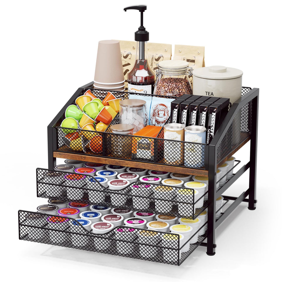Homsorout coffee bar organizer in black metal mesh keeps K-Cups within easy reach.