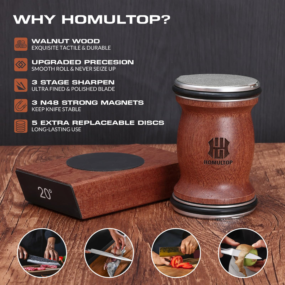 Homultop magnetic angle support keeps blades at 15 or 20 degrees for consistency.