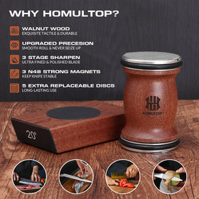 Homultop magnetic angle support keeps blades at 15 or 20 degrees for consistency.