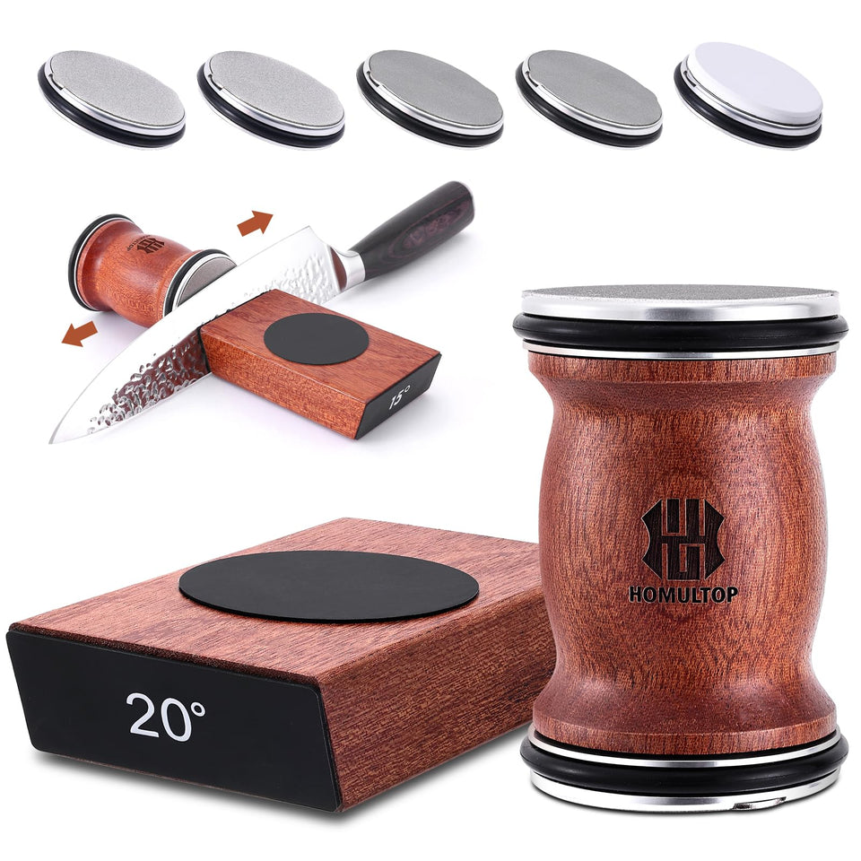 Homultop rolling sharpener base with walnut finish provides ergonomic stability.