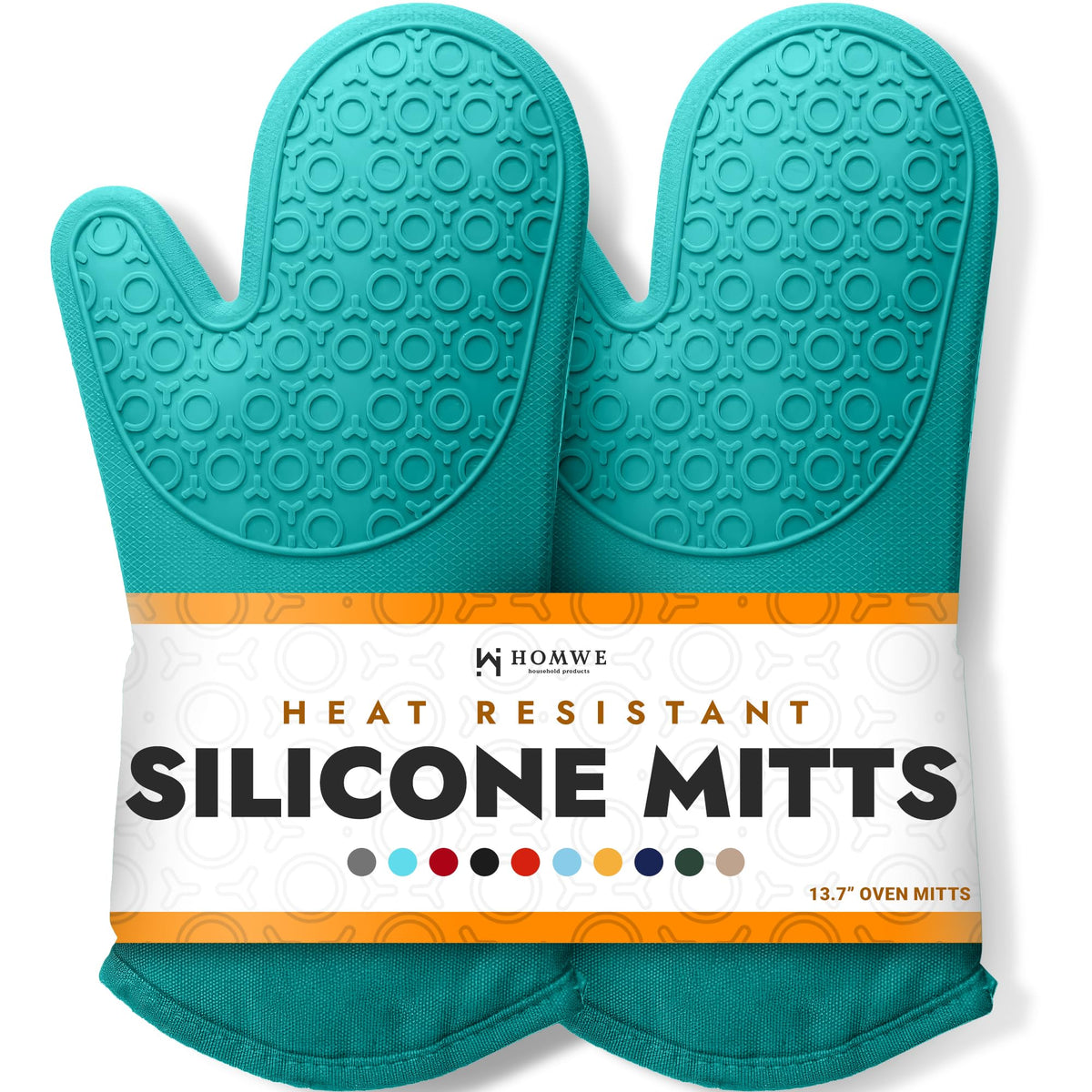 HOMWE BPA-Free silicone oven mitts in turquoise showing long 13.7-inch protection for safe handling