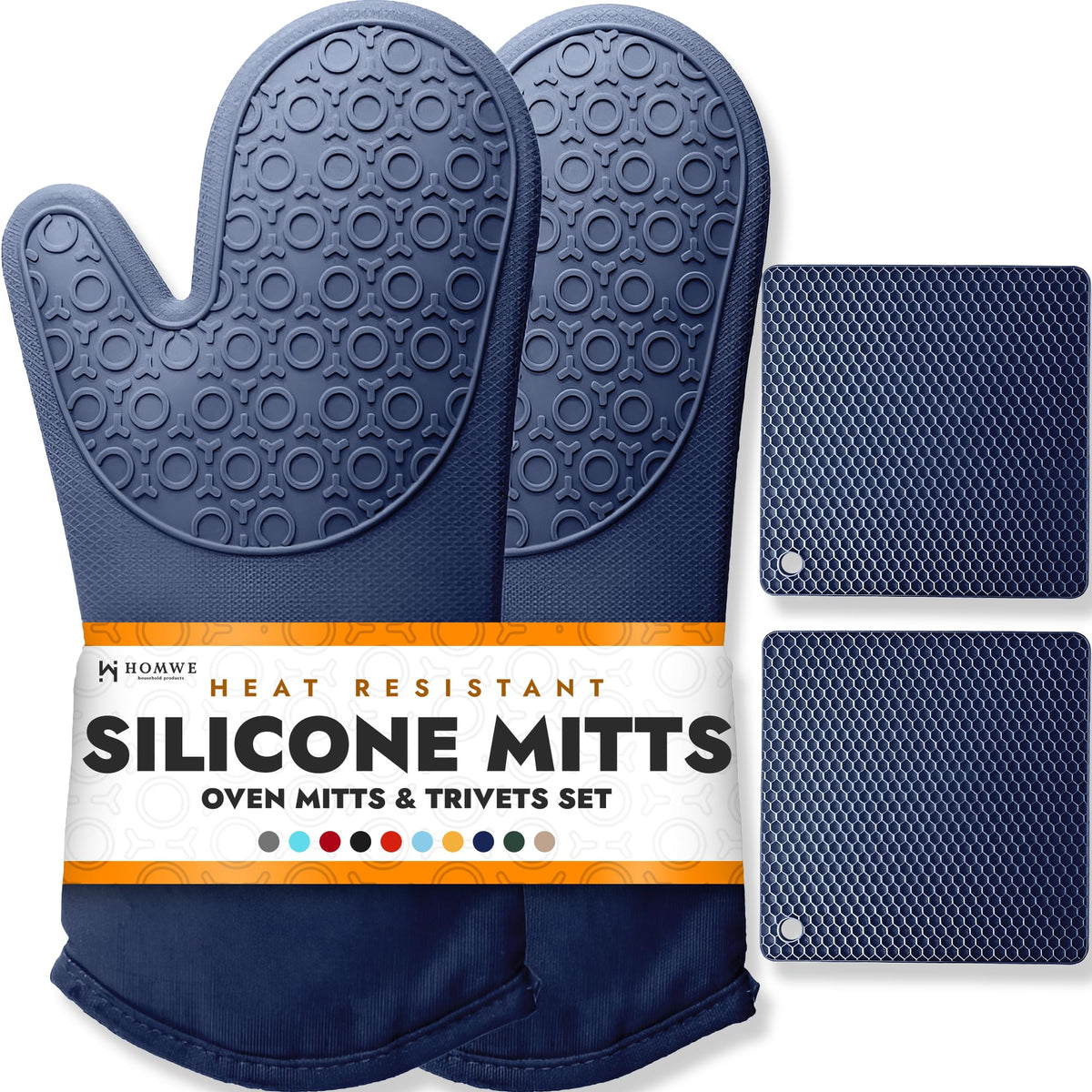 HOMWE BPA-Free silicone oven mitts, navy, 13.7-inch length for full-hand protection.