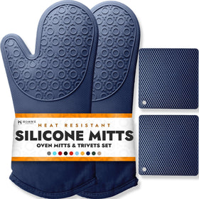 HOMWE BPA-Free silicone oven mitts, navy, 13.7-inch length for full-hand protection.