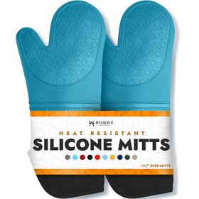 HOMWE BPA-free silicone oven mitts with 14.7-inch length for full hand protection.