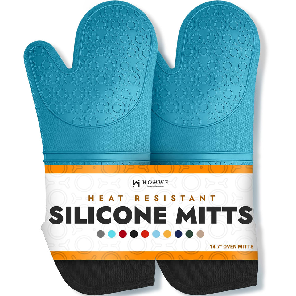 HOMWE BPA-free silicone oven mitts with 14.7-inch length for full hand protection.