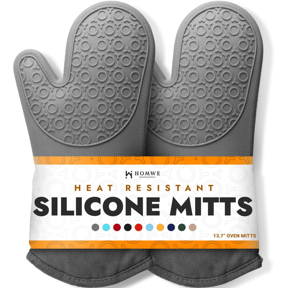 HOMWE BPA-Free silicone oven mitts with extended 13.7 inch protection for hands and wrists.