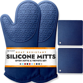 HOMWE BPA-free silicone oven mitts with a long cuff for safer handling.