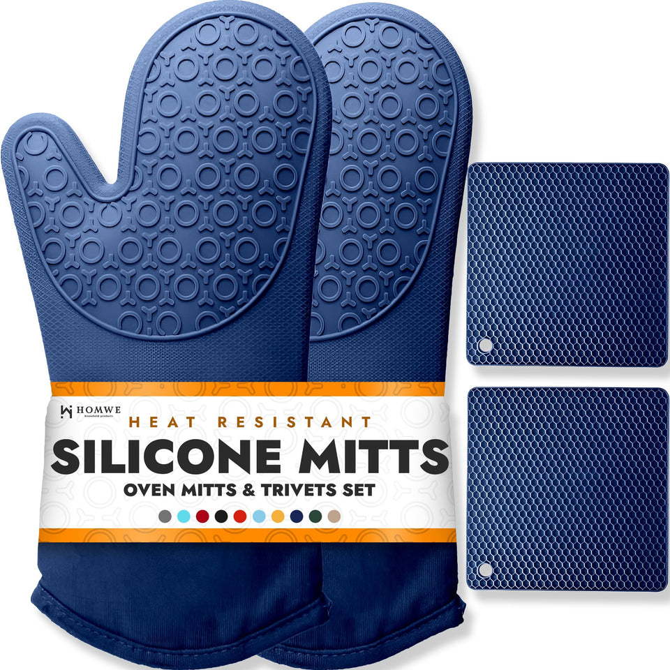 HOMWE BPA-free silicone oven mitts with a long cuff for safer handling.