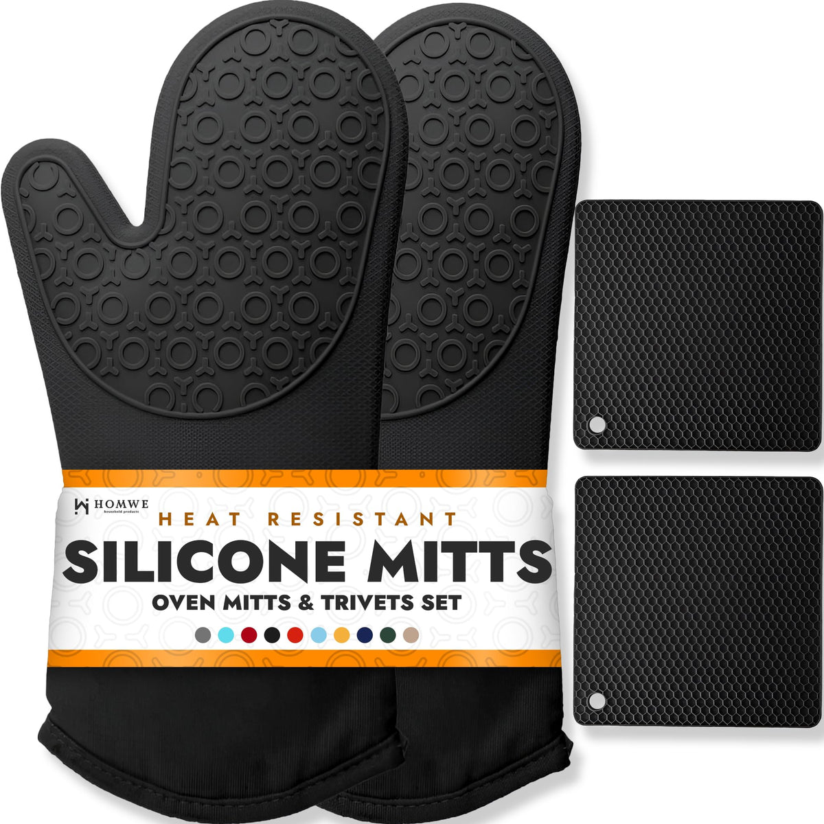 HOMWE BPA-free silicone mitts and trivets set with long reach for safe heat handling.