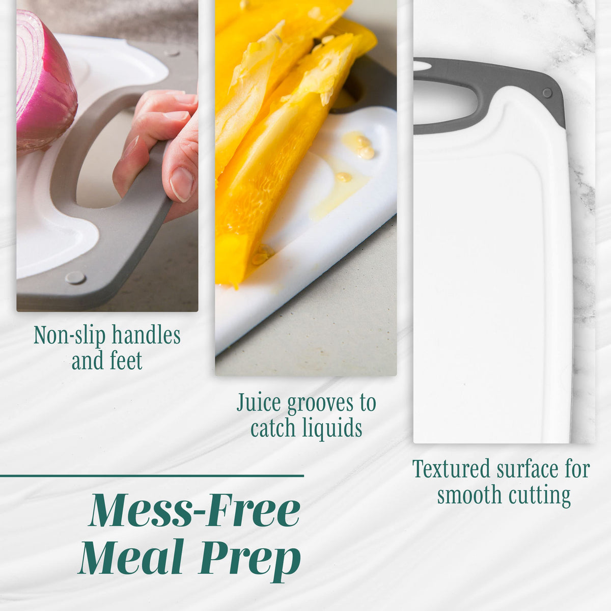 HOMWE cutting boards with non-slip handles provide a stable chopping surface.