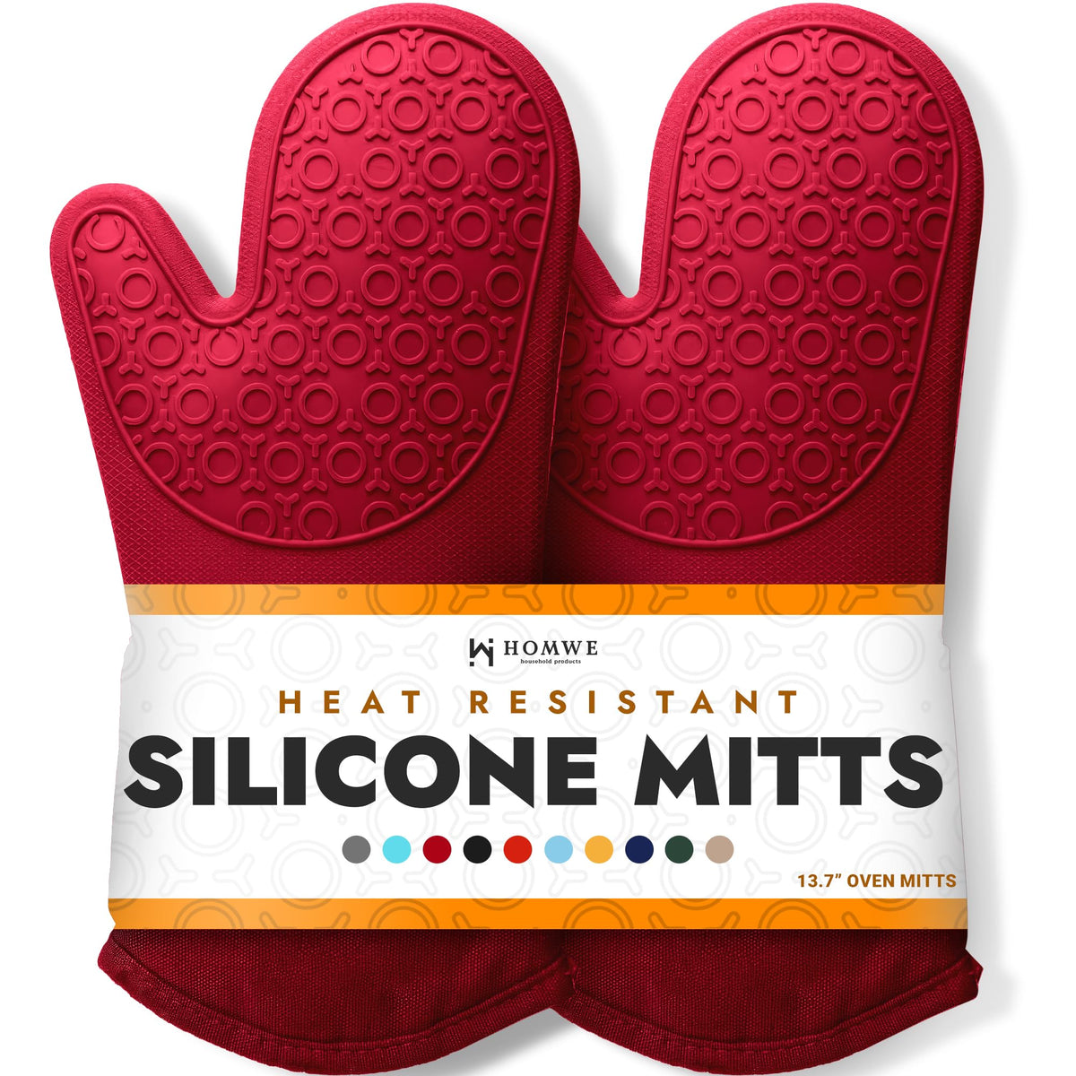 HOMWE Empire Red oven mitt with extended cuff protects hands during hot pan transfers.
