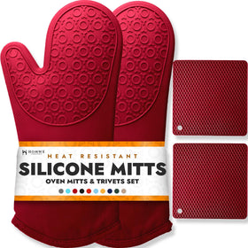 HOMWE Empire Red oven mitts with long coverage for safer hot cookware handling.