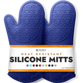 HOMWE royal blue oven mitt, 13.7 inches, extended protection for hands.